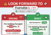 “Look forward to” ห้ามตามด้วย to + V1! (look forward to + V-ing)