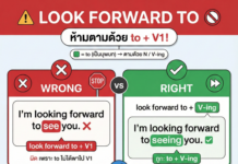 “Look forward to” ห้ามตามด้วย to + V1! (look forward to + V-ing)